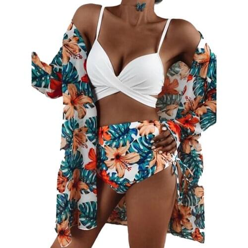 Women Swimsuit Set Floral Leaf Print Padded Bandage Bra High Waist Briefs Cargidan Swimwear for Summer