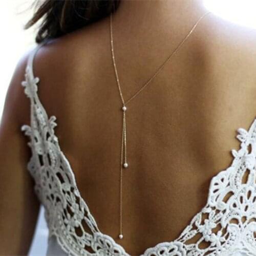 Women Long Back Necklace Body Sexy Chain Back Gold silver Simulated Pearl Pendant chain Collar Backdrop Beach Jewelry Bijoux