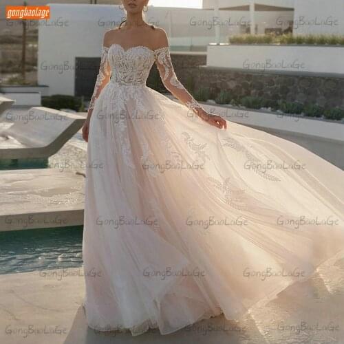 Sexy Boho Wedding Dress 2021 O Neck Robe De Mariée Long Sleeves Tulle Lace Appliqus Beach Свадебные Платья Customized Bride Gown