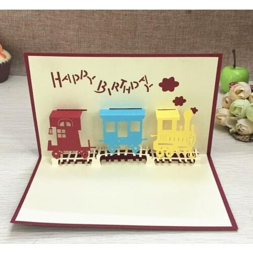 1pcs Laser Cut Happy Train Paper 3D Pop Up Greeting Card Postcard Invitation Card Happy Birthday Thanksgiving Day Gifts Supplies