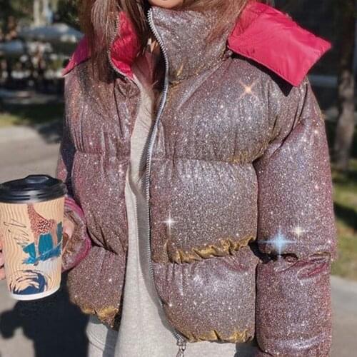 2021 Winter Fashion Casual Loose Hooded Collar Glitter Night Club Jacket Coat Warm Reflective Padded Shining Zip Outerwear