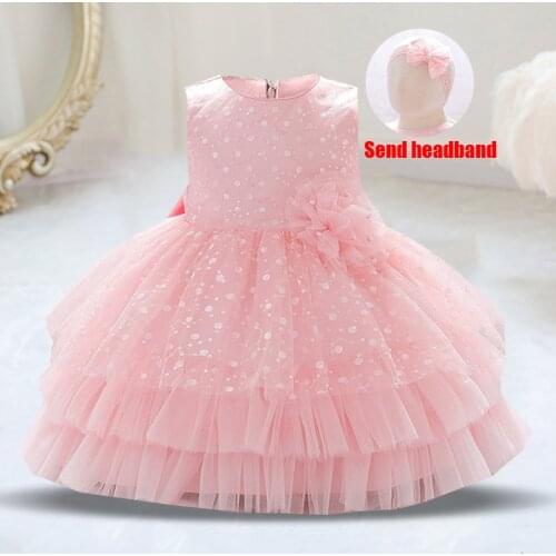 2021 Free Headband Ceremony Gown Baptism 1st Birthday Dress For Baby Girl Clothing Flower Princess Dresses Lace Party Tutu Dress