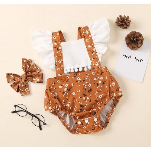 0-24M Newborn Baby Girls Bodysuits Headband Sunflowers Print Ruffles Fly Sleeve Jumpsuits 2pcs