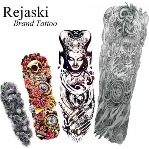 Black Buddha Fake Tattoo Arm Body Art Men Temporary Tattoo Stickers Sexy Watercolor Big Skull Rose Flower Compass Tatoos Women