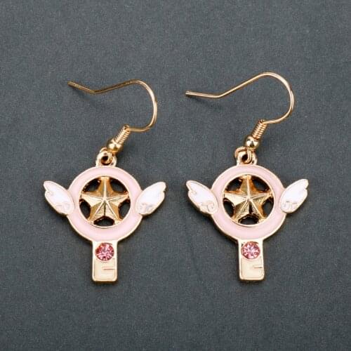 Dongsheng Card Wand Sakura Cartoon Star Earring CARDCAPTOR SAKURA Anime Angel Wing Earrings Jewelry Gift for Women Girls