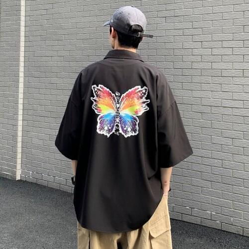 Male Casual Blourse Mens Butterfly Print Hawaiian Shirts 2021 Summer Mens Harajuku Korean White Shirt Short Sleeve