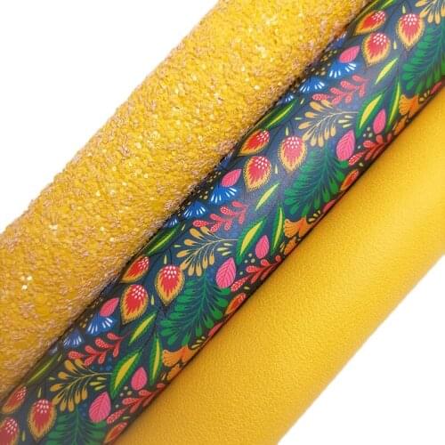 Yellow Glitter leather, Flowers Printed synthetic leather, Nappa Faux Leather Vinyl Fabric Sheets For Bows DIY 21x29CM KM750