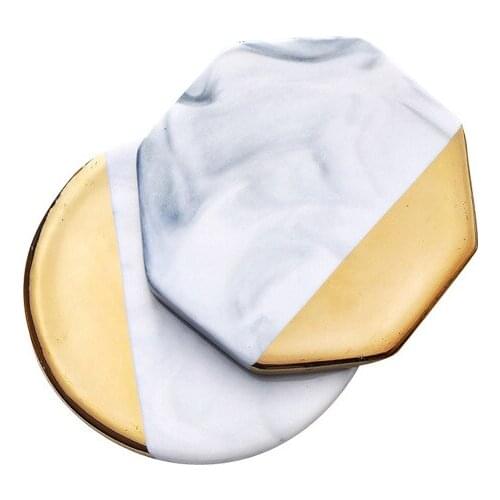 Danish Style Marbling Ceramic Coaster, Thermal Insulation, Gold Plated Tea Rim Placemats Table Mat