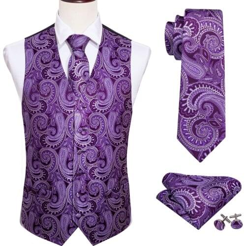 Men Waistcoat Purple Suit Vest Slim-Fit Tie Set Pocket Square Cufflinks Paisley Bowtie Suspender for Wedding Party Barry.Wang