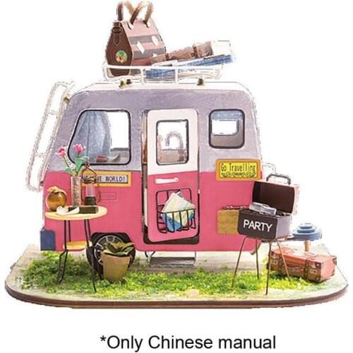 Creative DIY Cottage Happy Camper with Furniture Children Miniature Wooden Dollhouse Model Building Kits Dollhouse Toys for Kids