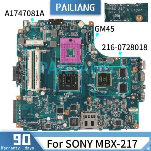 PAILIANG Laptop motherboard For SONY MBX-217 Mainboard GM45 A1747081A 216-0728018 1P-0096J01-8010 DDR2 tesed