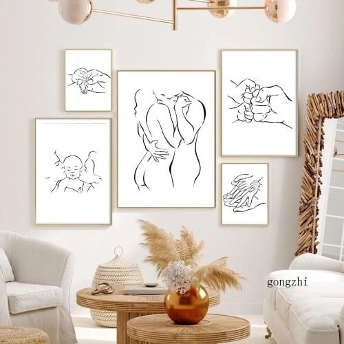Mom Dad Love Baby Family Abstract Line Drawing Poster Minimalist Black White Wall Art Canvas Print Painting Couple Picture Decor