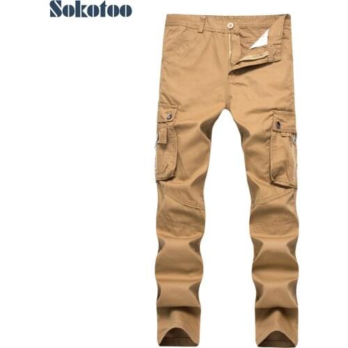Sokotoo Mens casual pockets cargo pants Plus size loose khaki army green black staight long trousers