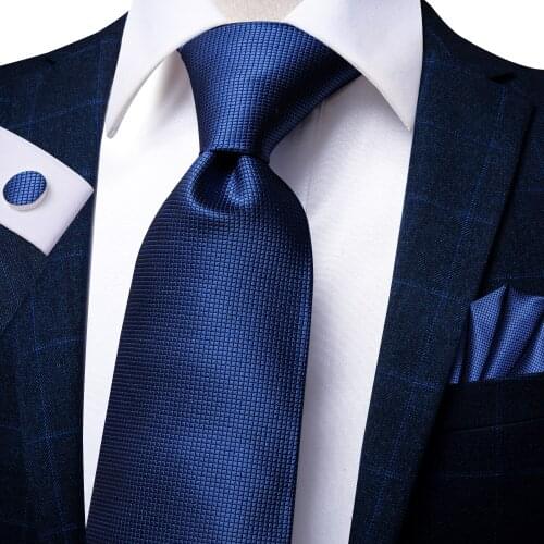 Hi-Tie Silk Mens Tie Set Navy Solid Gift Necktie For Men Blue Classic Luxury Large Fashion Hanky Cufflinks Set High Quality