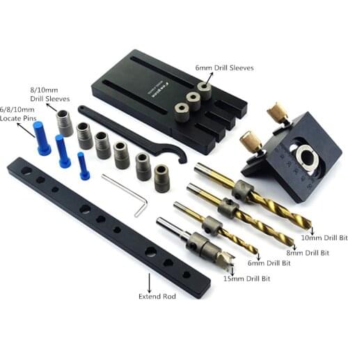 GanWei 3 in 1 Adjustable Doweling Jig Drilling Guide Locator Puncher Tool Woodworking Pocket Hole Jig With 6/8/10/15mm Drill Bit