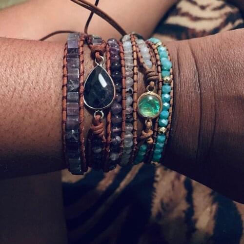 OAIITE Amethyst Opal Stone Charm Bracelet Healing Stone Yoga Bracelets Set 3 Strand Leather Wrap Bangle Handmade Boho Jewelry