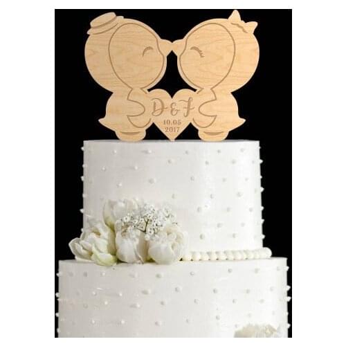 Penguin cake topper For Wedding, Rustic Topper with intial and date