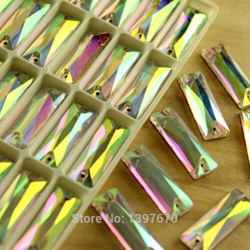 Sew on Baguette clear ab Flatback Rhinestones with 2 Holes Sewing Glass Crystals for Craft DIY Supplie