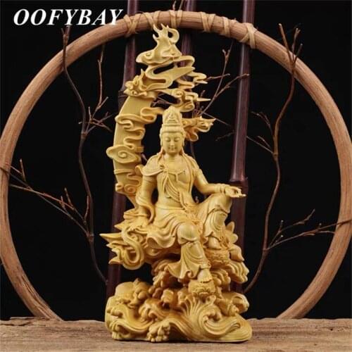 Boxwood Carving Guanyin Craft Wood Office Desktop Buddha Statue Living Room Sculpture Chinese Feng Shui Ornaments Home Decoratin