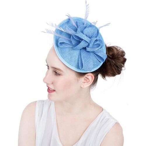 Bridal Small Hat Blue Flax Mesh With Flower Feather Chic Wedding Hat And Fascinators Ladies Handmade Vintage Hats Headdress