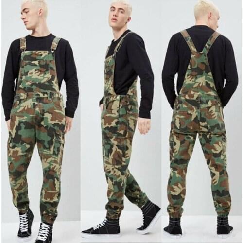 Stylish Mens Camo Dungarees Work Overalls Bib and Brace Distressed Denim Camouflage Combat Jumpsuit Romper Pants Casual Trousers