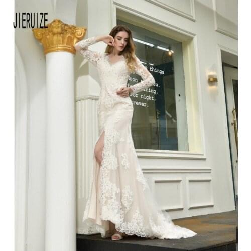 JIERUIZE Illusion Wedding Dresses V Neck Long Sleeve Split Front Lace Appliques Covered Button Back Mermaid Bridal Gowns