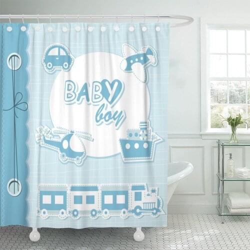 Blue Album Baby Boy Car Toy Plane Birthday Train Shower Curtain Waterproof Fabric 60 x 72 Inches Set with Hooks