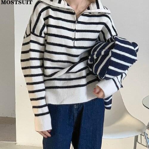 Striped Knitted Zip-up Sweater Women Full Sleeve Casual Fashion Loose Pullover Tops Stylish Chic Fashion Ladies Jumpers 2021