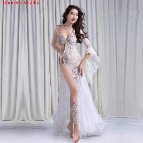 Women Stage Wear Performance Belly Dance Clothes 3pcs(Bra+Dress+Underpants) Stones Lace Long Dress Competition Suit White