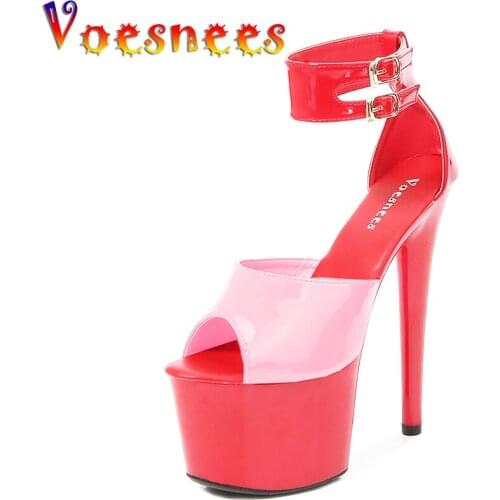 17cm Heels Women Sandals Size 43 Mixed Colors Show Model Party Stiletto Heel Ankle Strap 2021 Peep Toe Platform Sandals Shoes