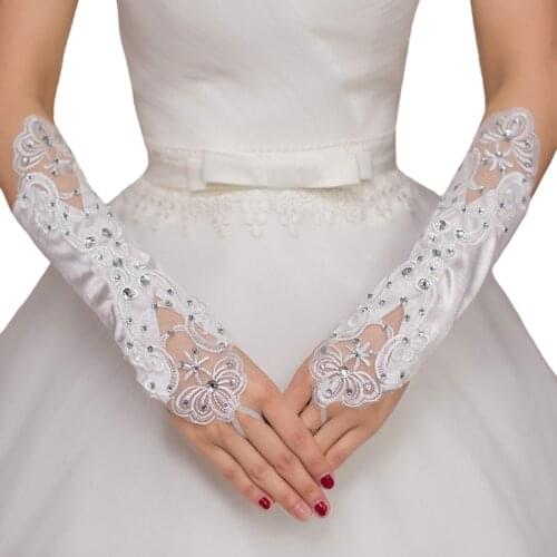 New Fashion Women Lace Long Gloves White Beading Satin Fingerless Embroidered Female Gloves Bridal Gloves For Weddings And Party