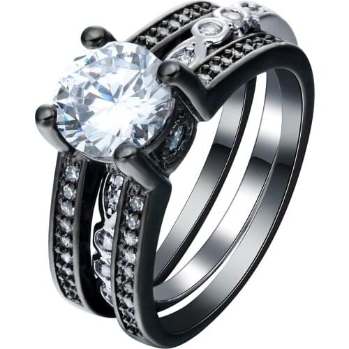 2pc Vintage Black Gold Color Promise Rings Sets New Luxury Silver Color jewelry Cubic Zircon Engagement Ring Set for Women