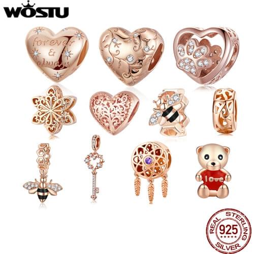 WOSTU Forever & Always Beads 100% 925 Sterling Silver Rose Gold Charm Fit Original Bracelet Pendant DIY Jewelry Making