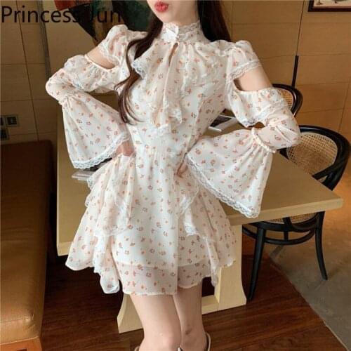 Women 2021 New French Chiffon Floral Dress Prairie Chic Stand Neck Long Flare Sleeve Mini Dress Designed Hollow Out Fairy Dress