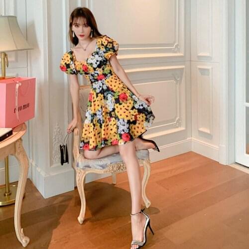 French Style Print Floral Yellow A Line Casual Dress Women Summer Corset Mini Flower Beach Dress Woman Streetwear Ladies Dresses