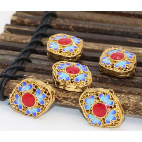 17*20mm high grade Chinese ancient cloisonne carved enamel oval shape gold-color spacers accessories beads 5pcs findings B2516