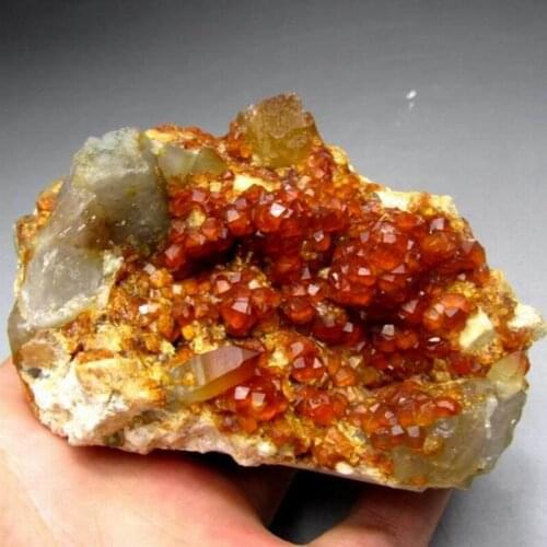 391g/94mm Spessartine Garnet+Smoky Quartz Cluster on Matrix - crystals and stones healing Mineral specimen Home Decor feng shui