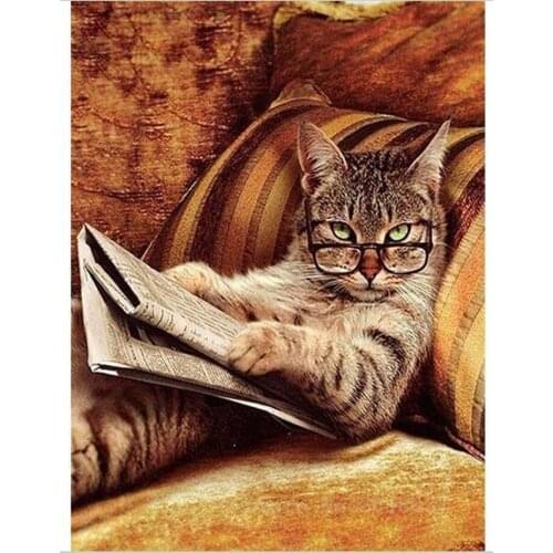 Diamond Embroidery Wear Glasses Read The Newspapers Cat Diy Diamond Painting Cross Stitch Full Square Diamond Mosaic Decorative