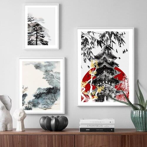 Mountain Pine Pavilion Bird Chinese Style Wall Art Canvas Painting Nordic Posters And Prints Wall Pictures For Living Room Decor