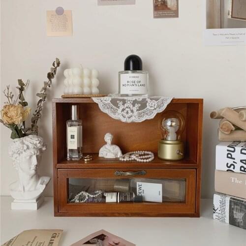 CuteLife Vintage Wooden Drawers Storage Shelf Home Decoration Book Kitchen Accessories Table Shelf Bedroom Makeup Organizer Box