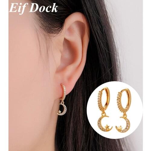 Eif Dock Gold Color Pendant Hoop Earrings Geometric Crescent Moon Star Dangle Earrings For Women Party 2021 Trends Jewelry