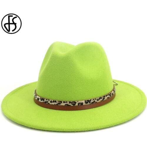FS Wool Wide Brim Hats For Women Fedora Hat Vintage Men Gangster Trilby Felt Leopard Belt Gentleman Elegant Lady Winter Jazz Cap