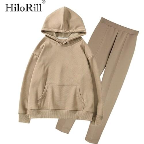 HiloRill Women Tracksuit Pullovers and Pants 2021 Autumn Winter Fleece Hoodies Set Solid Color Casual Long Trousers Outfits