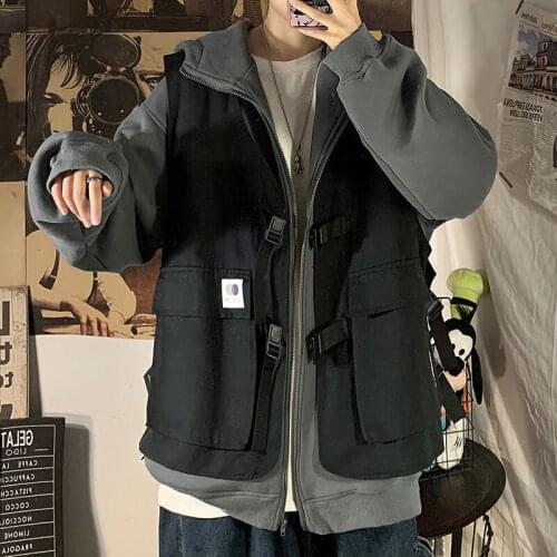 Hooded Cardigan Sweatshirt Casual All-match Overalls Fake 2-piece Tops Hiphop Streetwear Jacket Trend Male Clothes Autumn Winter