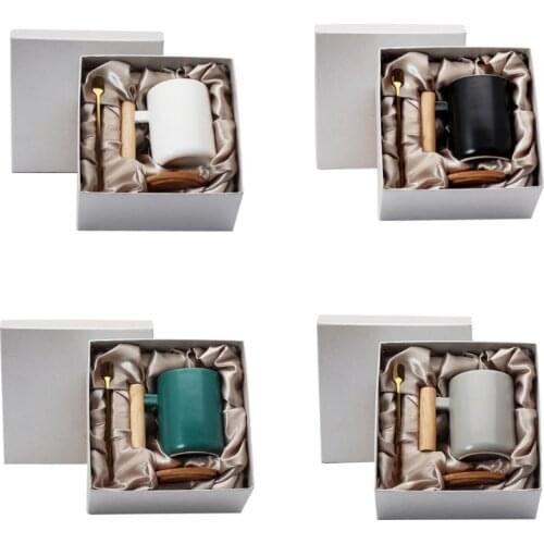 Coffee Mug with Lid and Spoon Wooden Handle Ceramic Milk Tea Cup for Home,13oz E15B