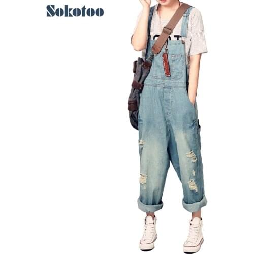 Sokotoo Womens casual loose denim overalls Ladys oversized hole ripped baggy jeans Wide leg pants for woman