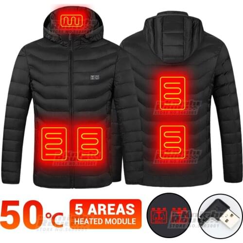 5 Areas Heated Jacket Autumn Winter Thermal Clothes Heated Vest Jackets Womens USB Coat Hiking Hunting Mens Windbreaker Black