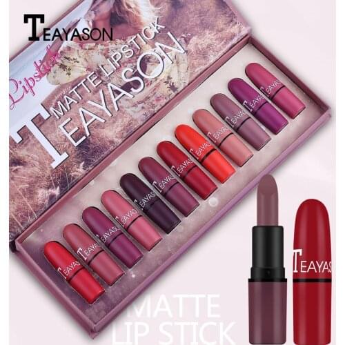 Bullet Matte Lipstick Set 12pcs/lot Waterproof Nutritious Velvet Lipstick Red Tint Nude Sexy Women Fashion Lips Makeup Set