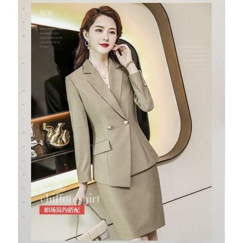 Fashion Women Skirt Suits Khaki Blazer and Jacket Sets Office Ladies Work Wear Business Beauty Salon Uniform
