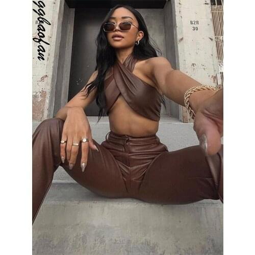 Ggbaofan Fashion PU Leather Sets 2-Piece Set Women Top and Pant Crossed Halter Crop Top 2021 Outfits Matching Set Pants Autumn